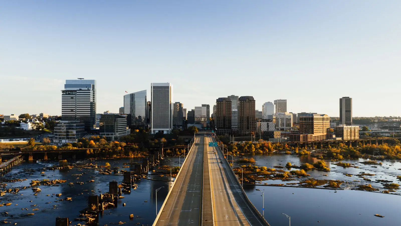 Aerial view of downtown Richmond and a bridge over the James River